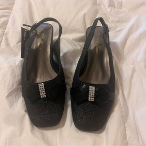 Chic Black Metallic Slingback Block Heels Sz 9 Wide